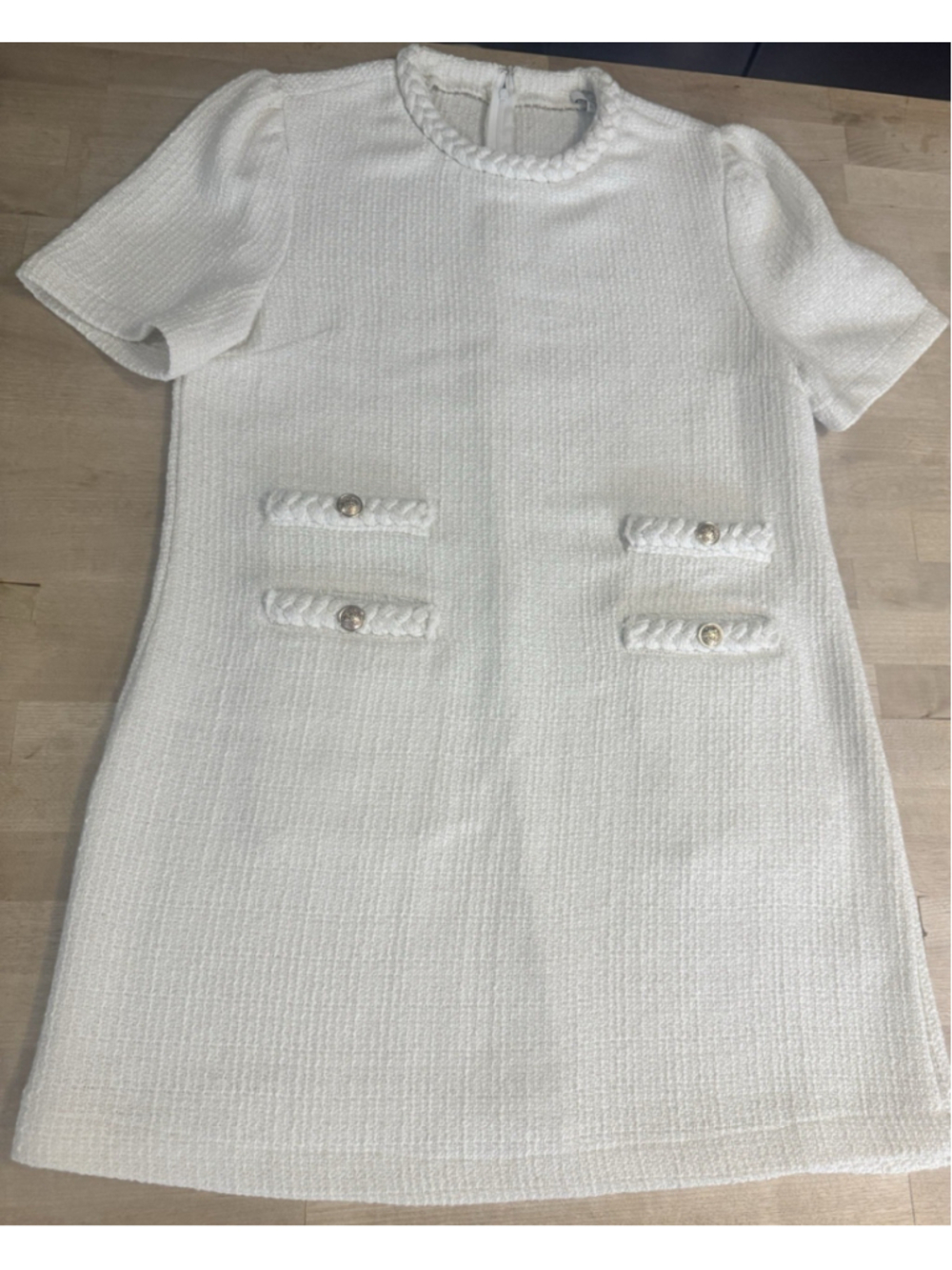 VOY Women’s Cream Kennedy Tweed Braided Trim Shift Dress Gold Wool Blend Size L